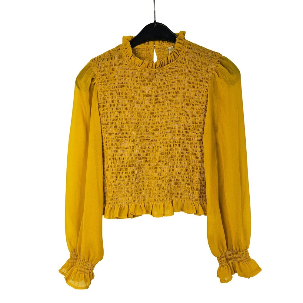True Destiny Mustard Yellow Smocked Ruffle Crop Top M Boho Cottagecore Chiffon